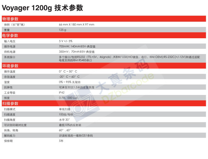 霍尼韦尔Voyager™ 1200g 单线激光扫描器